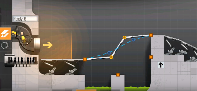 Bridge Constructor Portal level”  /><br /> Build up your constructions using triangles. This way you get stable structures. To distribute pressure try to increase the number of supporting struts; sister supporting struts; combine several construction methods. Shallow angles are ineffective: the pressure pulls the construction down but the cable only holds the construction to the side = only little effect in trying to hold the construction up. A redirected cable is able to hold the construction against gravity. <br /> <img src=