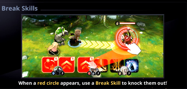 Destiny6 - keys”  /> When a red circle appears, use a red skill. Elite monsters use powerful skills, so be careful. Knocking an enemy out to neutralize them is called a break. A broken enemy will take more damage for the break’s duration. Bombard a broken target with skill to maximize your damage! That’s the basics of battle. Obtain new heroes, evolve, and awaken them to complete the codex and obtain rewards.<br /> <img src=