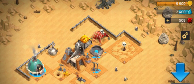 Dune Wars tutorial”  /> <br /> This is your new base. I’m too old to take care of it, but i can show you around. Gold is used to make new buildings. You have a gold mine, but you need a space to store it. Place the storage in the center of base so it is well protected. You can spend some red rubies to speed things up. Water is essential for troop training and research. Hiring a second builder will let you start two constructions simultaneously. Build more walls so we are better protected from invaders.  <img src=